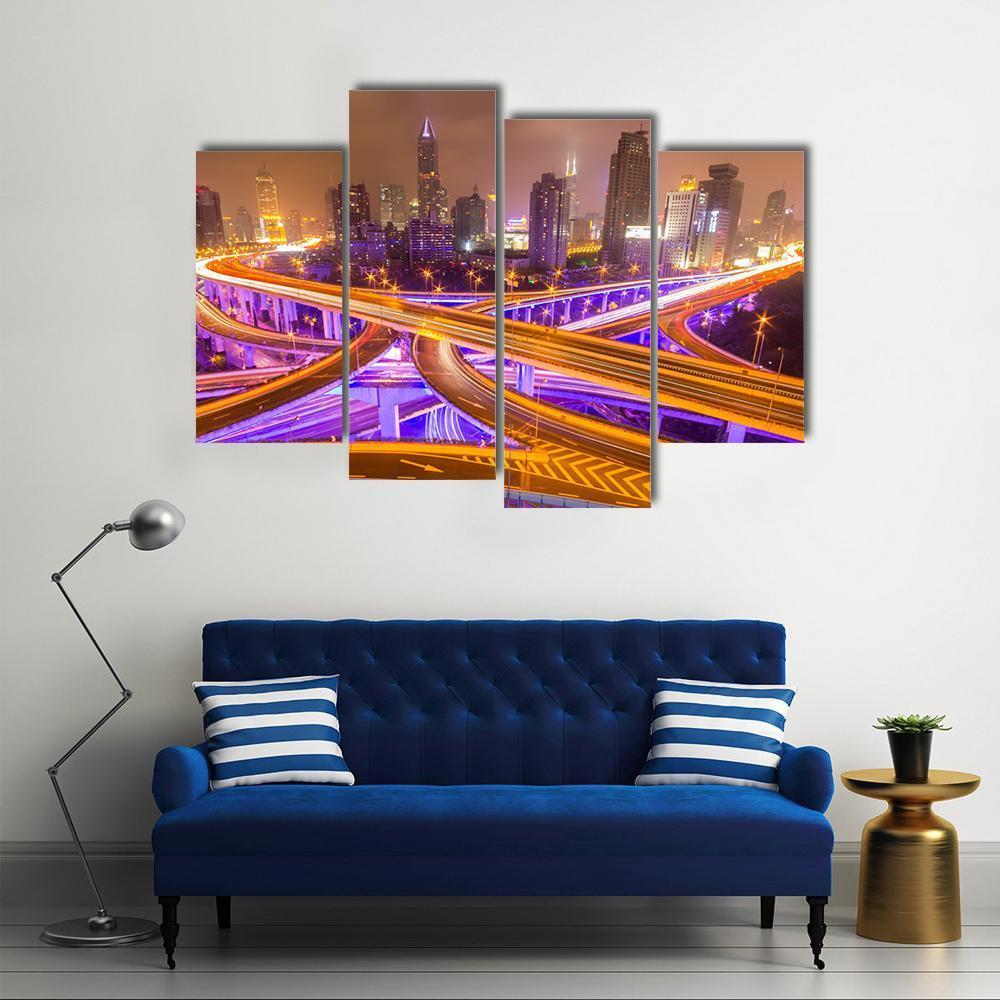 Shanghai Elevated Road Junction And Interchange Overpass At Night Canvas Wall Art-4 Pop-Gallery Wrap-50" x 32"-Tiaracle