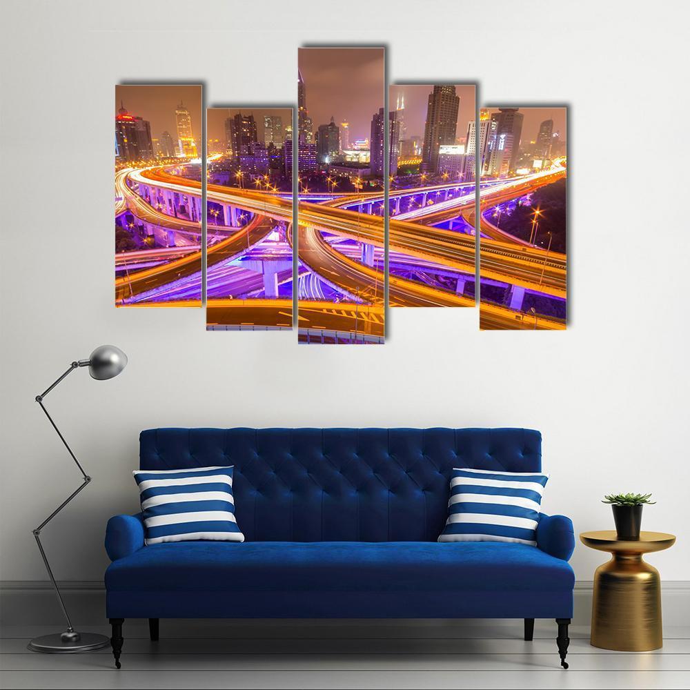 Shanghai Elevated Road Junction And Interchange Overpass At Night Canvas Wall Art-5 Pop-Gallery Wrap-47" x 32"-Tiaracle