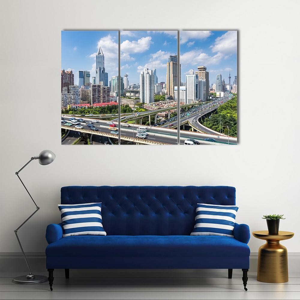 Shanghai Modern City Skyline Canvas Wall Art-3 Horizontal-Gallery Wrap-37" x 24"-Tiaracle