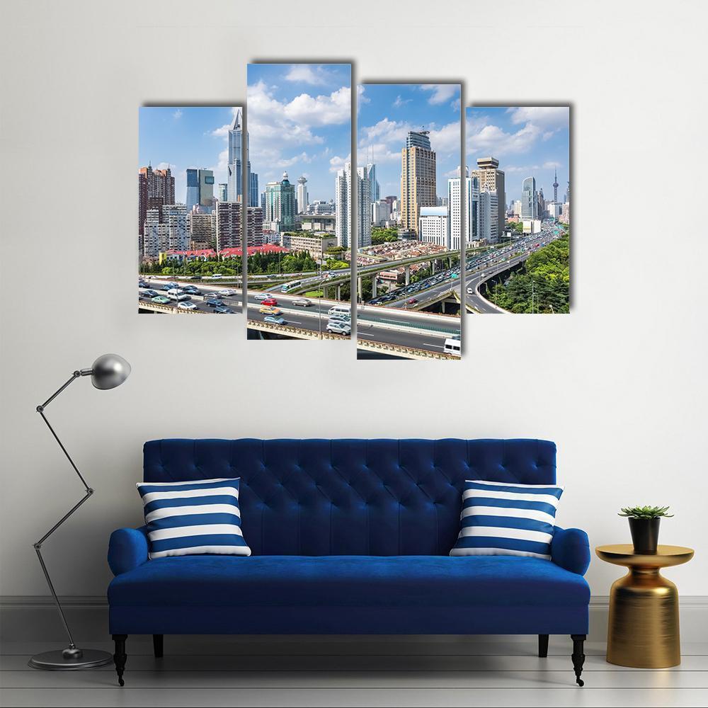 Shanghai Modern City Skyline Canvas Wall Art-4 Pop-Gallery Wrap-50" x 32"-Tiaracle