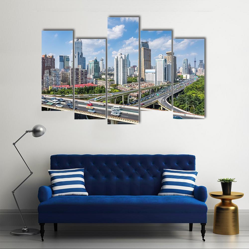 Shanghai Modern City Skyline Canvas Wall Art-5 Pop-Gallery Wrap-47" x 32"-Tiaracle