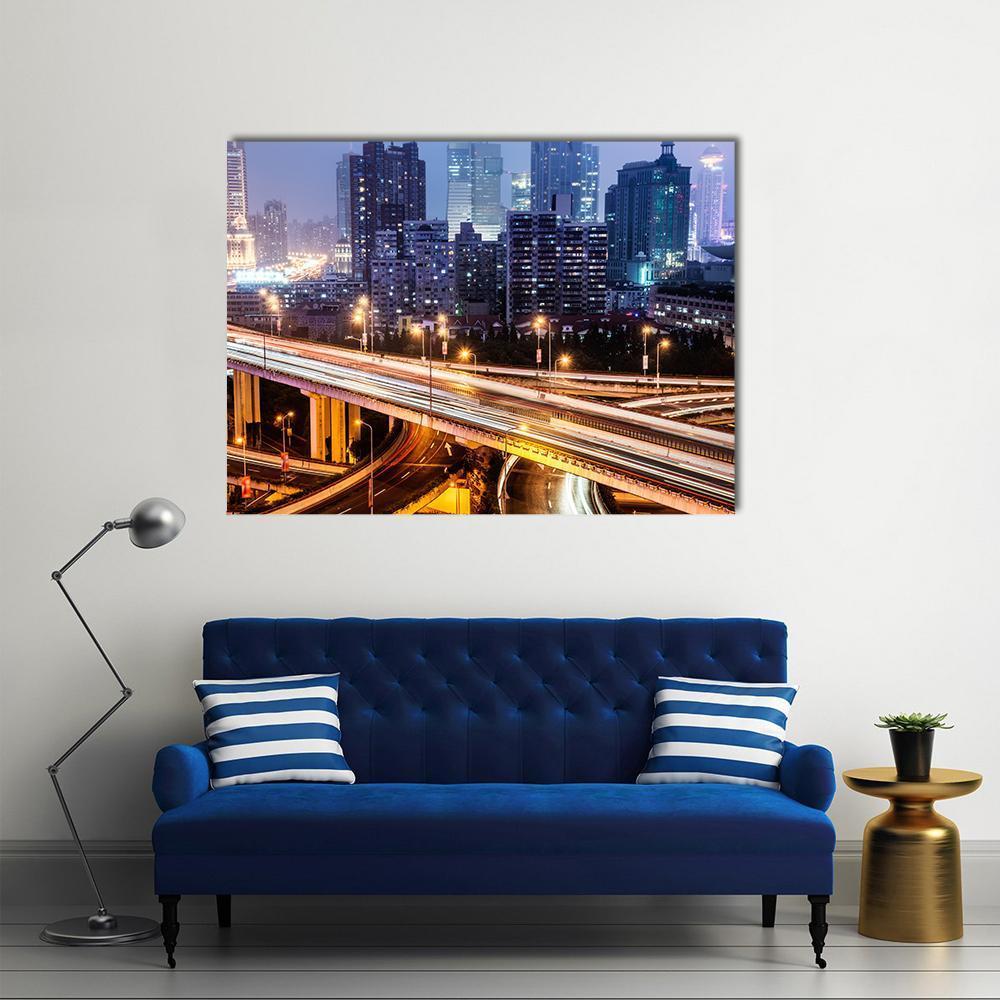 Shanghai Viaduct At Night Canvas Wall Art-1 Piece-Gallery Wrap-48" x 32"-Tiaracle