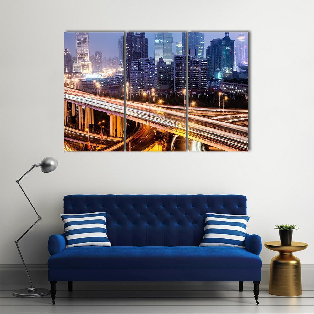 Shanghai Viaduct At Night Canvas Wall Art-3 Horizontal-Gallery Wrap-37" x 24"-Tiaracle