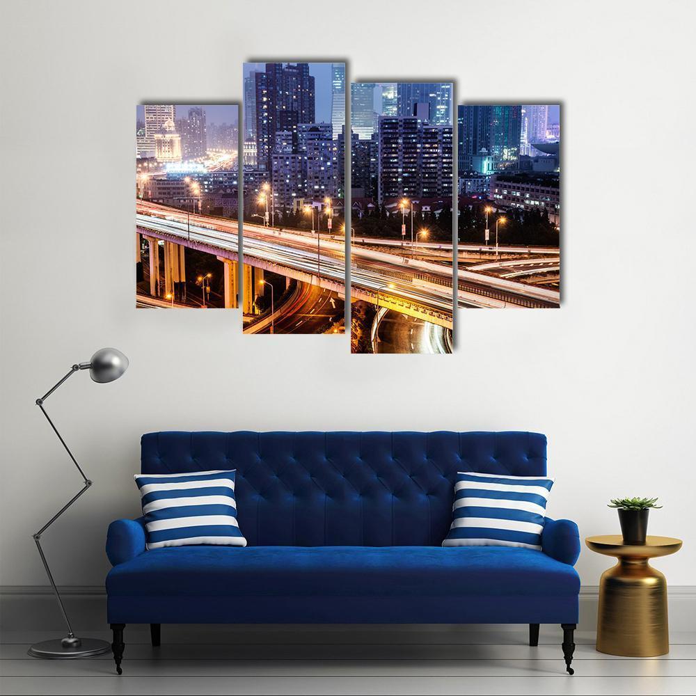 Shanghai Viaduct At Night Canvas Wall Art-4 Pop-Gallery Wrap-50" x 32"-Tiaracle