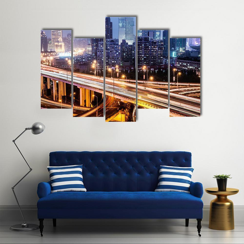 Shanghai Viaduct At Night Canvas Wall Art-5 Pop-Gallery Wrap-47" x 32"-Tiaracle