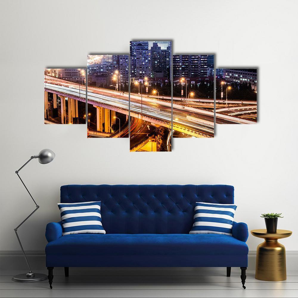 Shanghai Viaduct At Night Canvas Wall Art-5 Star-Gallery Wrap-62" x 32"-Tiaracle