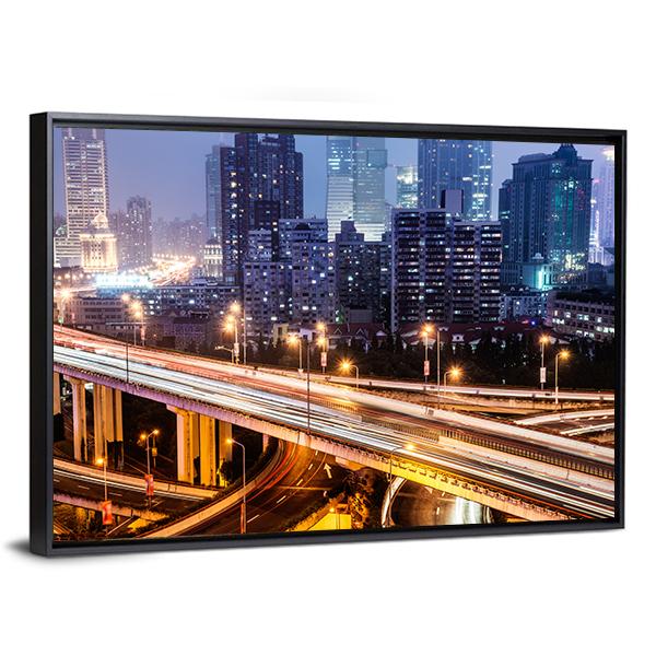 Shanghai Viaduct At Night Canvas Wall Art-3 Horizontal-Gallery Wrap-25" x 16"-Tiaracle