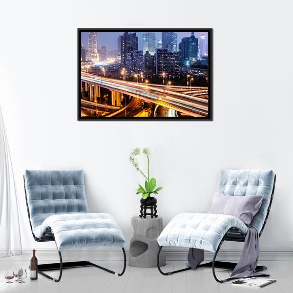 Shanghai Viaduct At Night Canvas Wall Art-1 Piece-Floating Frame-24" x 16"-Tiaracle