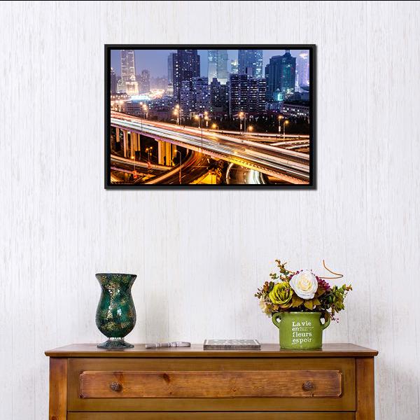 Shanghai Viaduct At Night Canvas Wall Art-3 Horizontal-Gallery Wrap-25" x 16"-Tiaracle