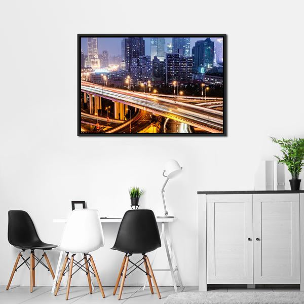 Shanghai Viaduct At Night Canvas Wall Art-3 Horizontal-Gallery Wrap-25" x 16"-Tiaracle