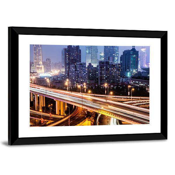 Shanghai Viaduct At Night Canvas Wall Art-3 Horizontal-Gallery Wrap-25" x 16"-Tiaracle