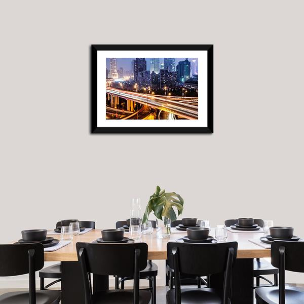 Shanghai Viaduct At Night Canvas Wall Art-1 Piece-Framed Print-20" x 16"-Tiaracle