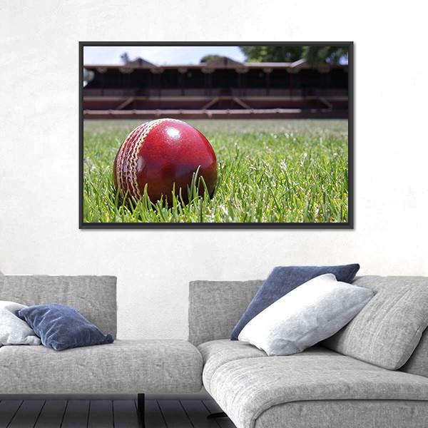 Shiny New Cricket Ball On Grass Canvas Wall Art-3 Horizontal-Gallery Wrap-25" x 16"-Tiaracle