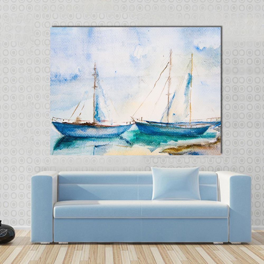 Ships In The Sea Watercolor Canvas Wall Art-1 Piece-Gallery Wrap-48" x 32"-Tiaracle
