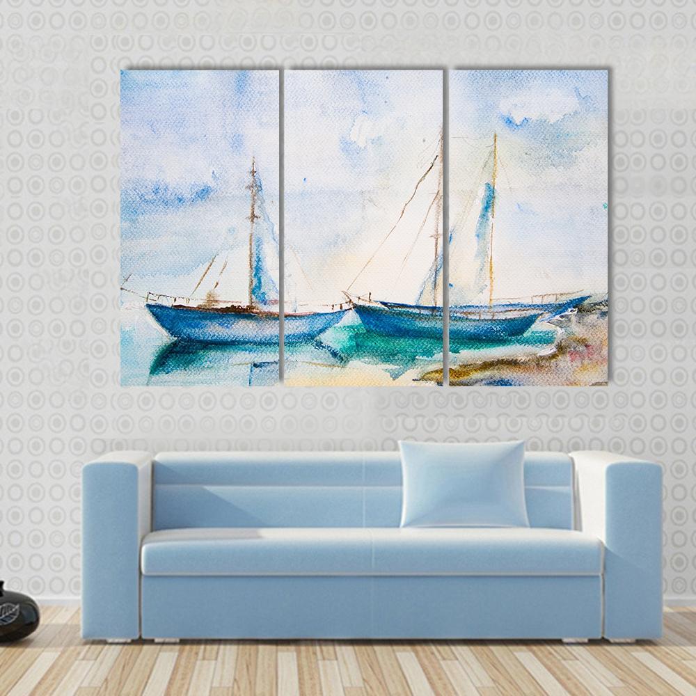 Ships In The Sea Watercolor Canvas Wall Art-3 Horizontal-Gallery Wrap-37" x 24"-Tiaracle