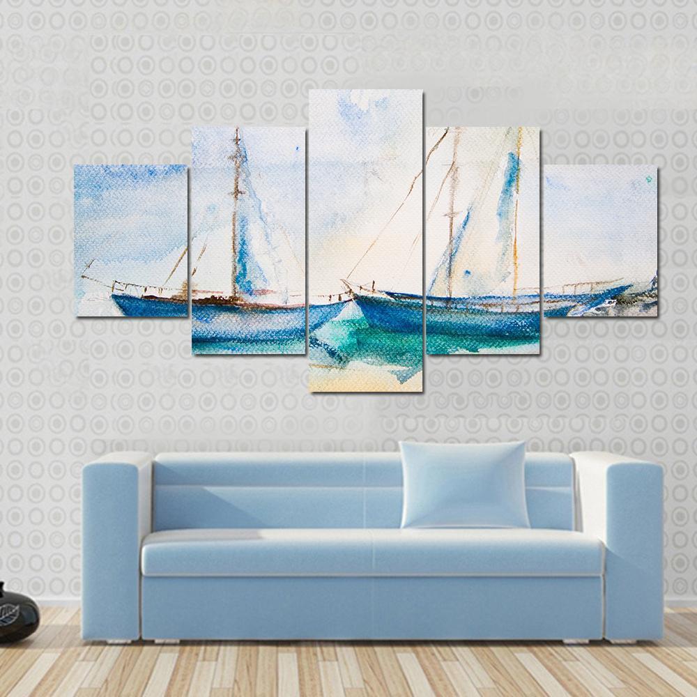 Ships In The Sea Watercolor Canvas Wall Art-5 Star-Gallery Wrap-62" x 32"-Tiaracle