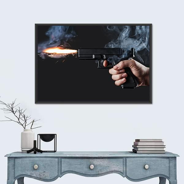 Shot From A Handgun With Fire And Smoke Canvas Wall Art-1 Piece-Floating Frame-24" x 16"-Tiaracle