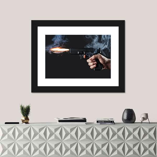 Shot From A Handgun With Fire And Smoke Canvas Wall Art-1 Piece-Framed Print-20" x 16"-Tiaracle