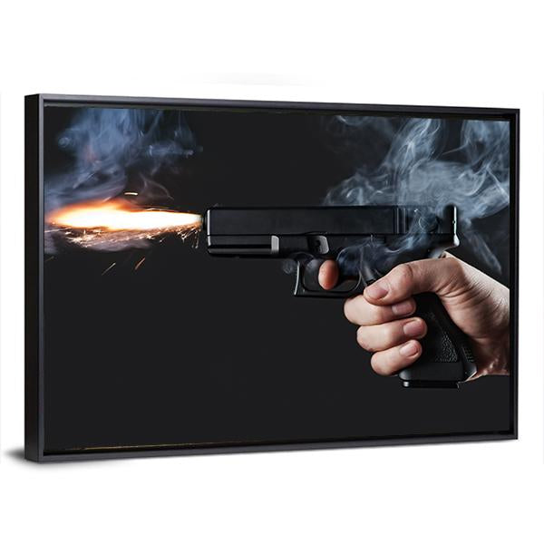 Shot From A Handgun With Fire And Smoke Canvas Wall Art-3 Horizontal-Gallery Wrap-25" x 16"-Tiaracle