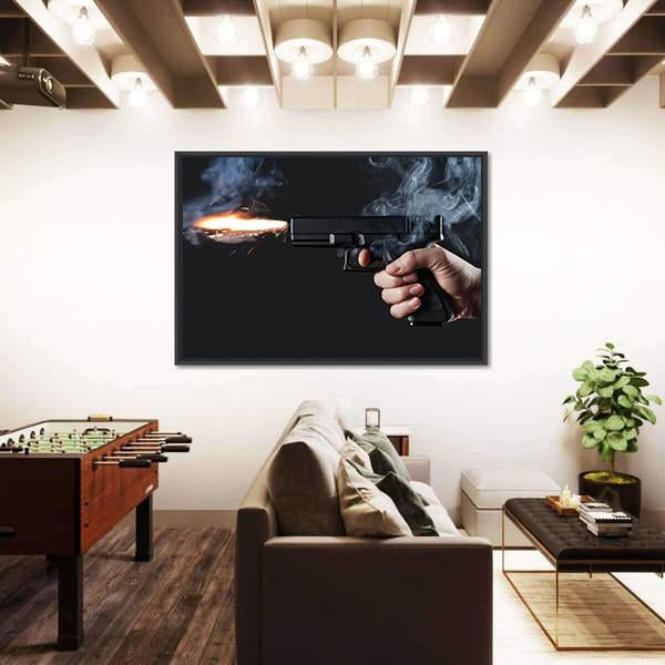 Shot From A Handgun With Fire And Smoke Canvas Wall Art-3 Horizontal-Gallery Wrap-25" x 16"-Tiaracle