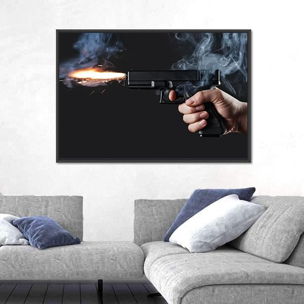 Shot From A Handgun With Fire And Smoke Canvas Wall Art-3 Horizontal-Gallery Wrap-25" x 16"-Tiaracle