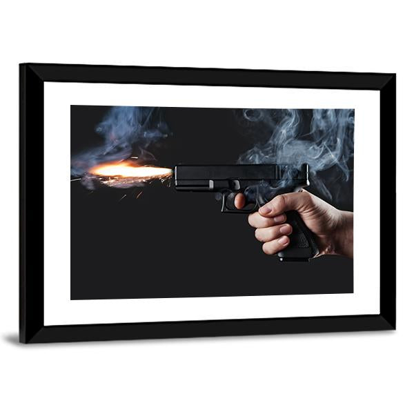 Shot From A Handgun With Fire And Smoke Canvas Wall Art-3 Horizontal-Gallery Wrap-25" x 16"-Tiaracle