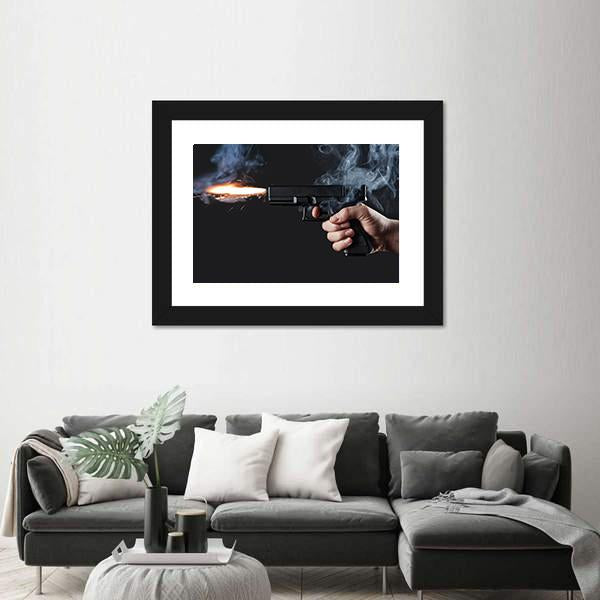 Shot From A Handgun With Fire And Smoke Canvas Wall Art-3 Horizontal-Gallery Wrap-25" x 16"-Tiaracle