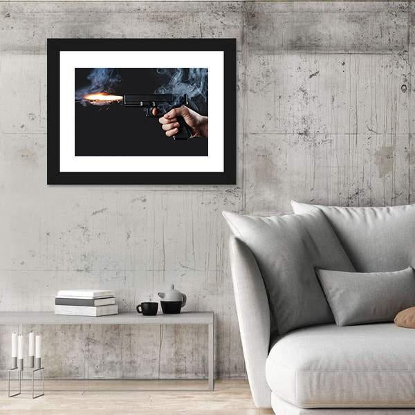 Shot From A Handgun With Fire And Smoke Canvas Wall Art-3 Horizontal-Gallery Wrap-25" x 16"-Tiaracle