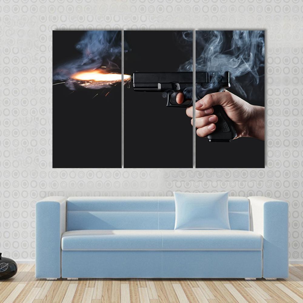 Shot From A Handgun With Fire And Smoke Canvas Wall Art-3 Horizontal-Gallery Wrap-37" x 24"-Tiaracle