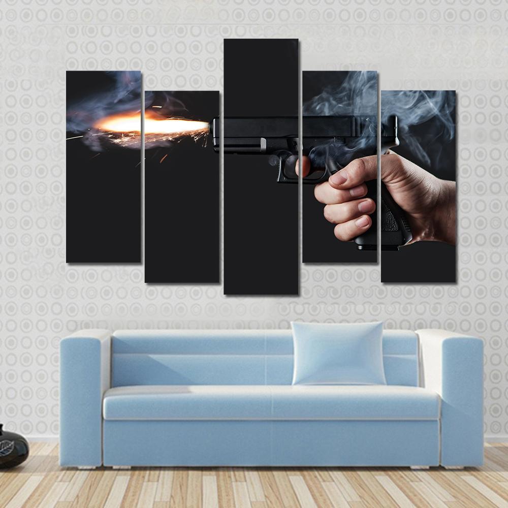 Shot From A Handgun With Fire And Smoke Canvas Wall Art-5 Pop-Gallery Wrap-47" x 32"-Tiaracle