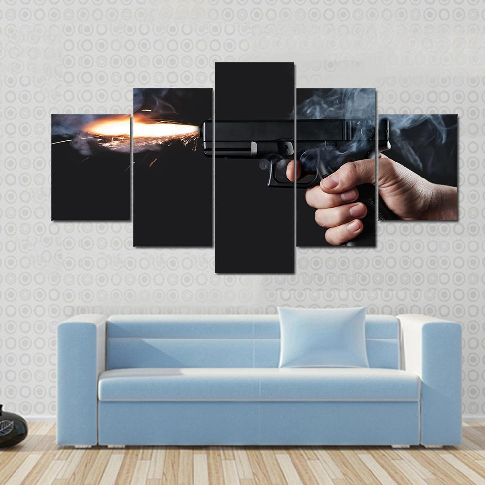 Shot From A Handgun With Fire And Smoke Canvas Wall Art-5 Star-Gallery Wrap-62" x 32"-Tiaracle