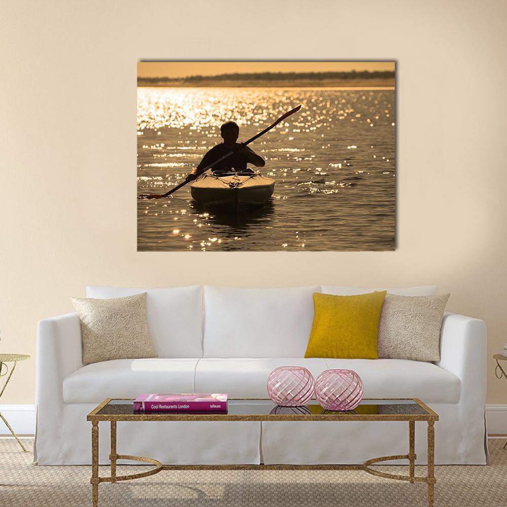 Silhouette Of A Man Rowing In The Canoe Canvas Wall Art-1 Piece-Gallery Wrap-48" x 32"-Tiaracle