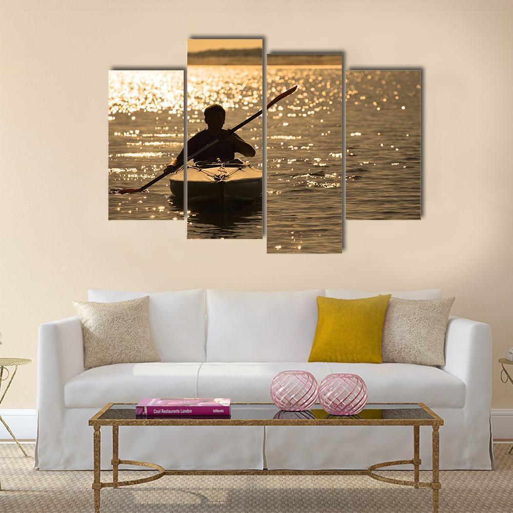 Silhouette Of A Man Rowing In The Canoe Canvas Wall Art-4 Pop-Gallery Wrap-50" x 32"-Tiaracle