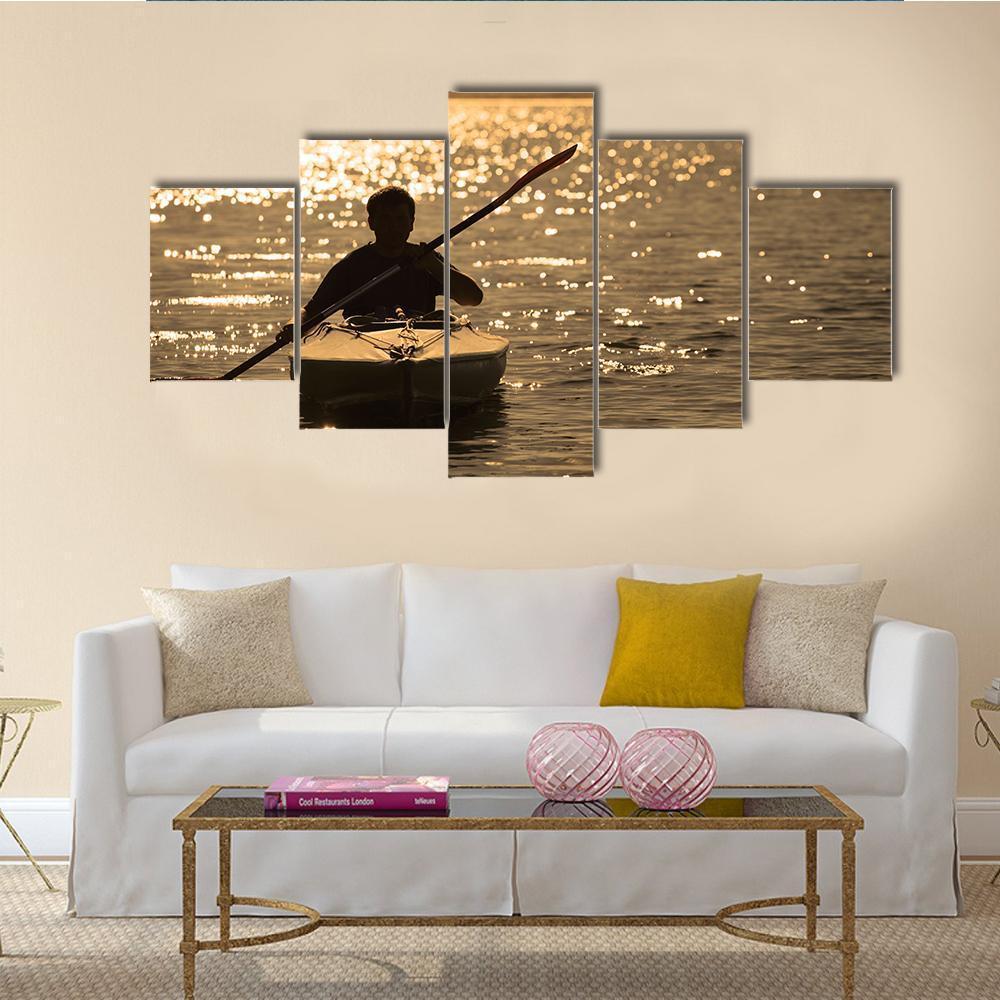 Silhouette Of A Man Rowing In The Canoe Canvas Wall Art-5 Star-Gallery Wrap-62" x 32"-Tiaracle