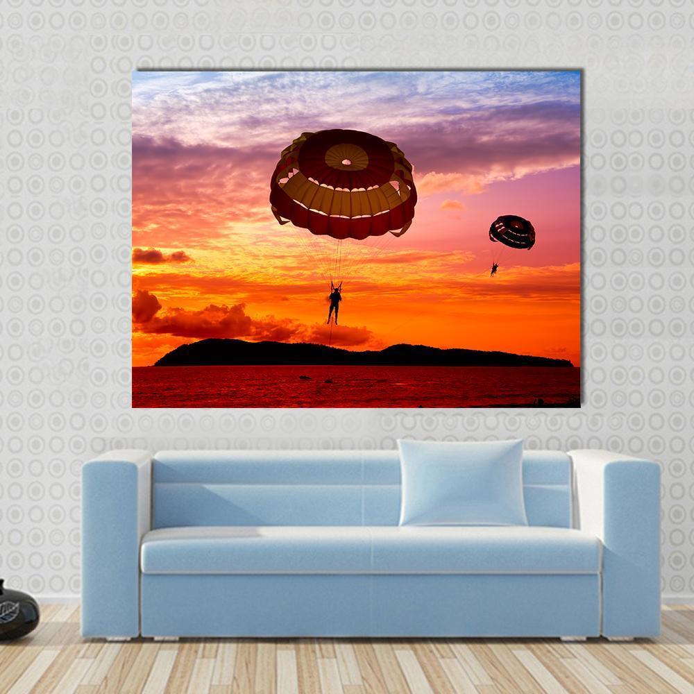 Silhouette Of A Para-Sailors At Sunset Canvas Wall Art-1 Piece-Gallery Wrap-48" x 32"-Tiaracle