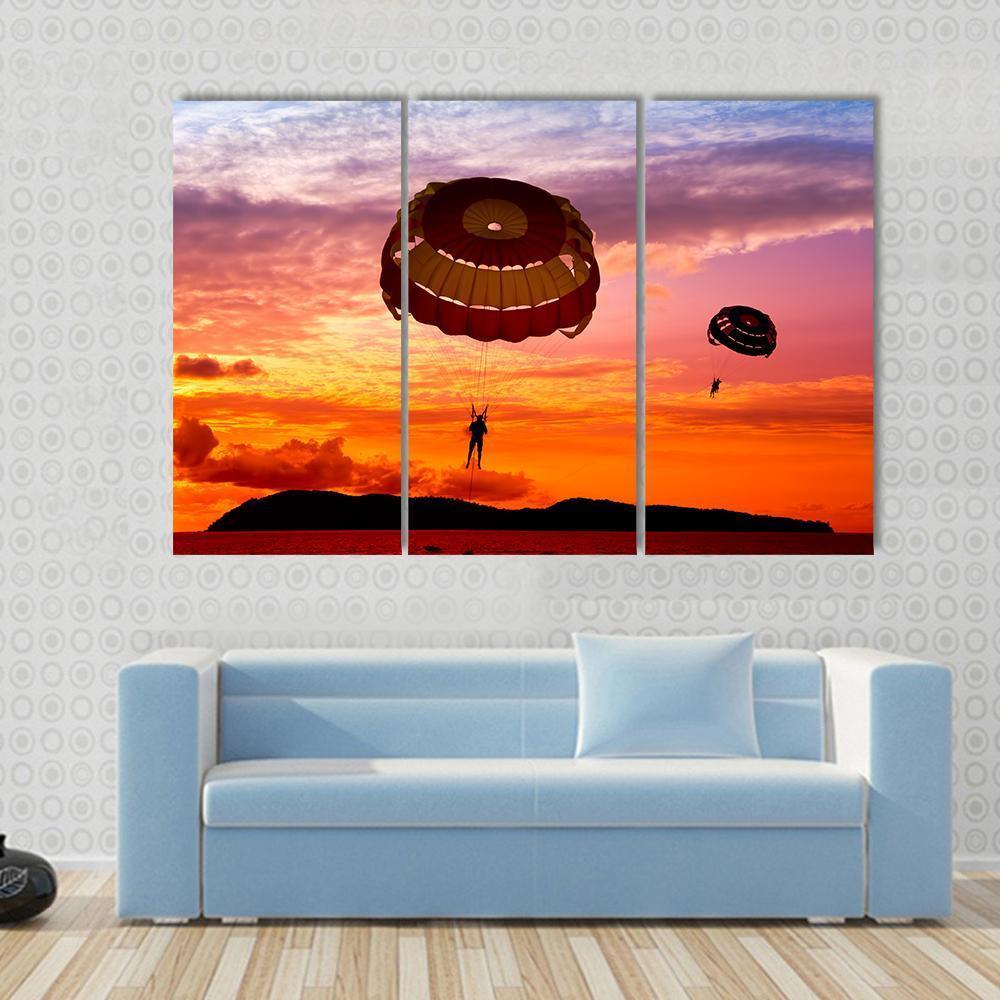 Silhouette Of A Para-Sailors At Sunset Canvas Wall Art-3 Horizontal-Gallery Wrap-37" x 24"-Tiaracle