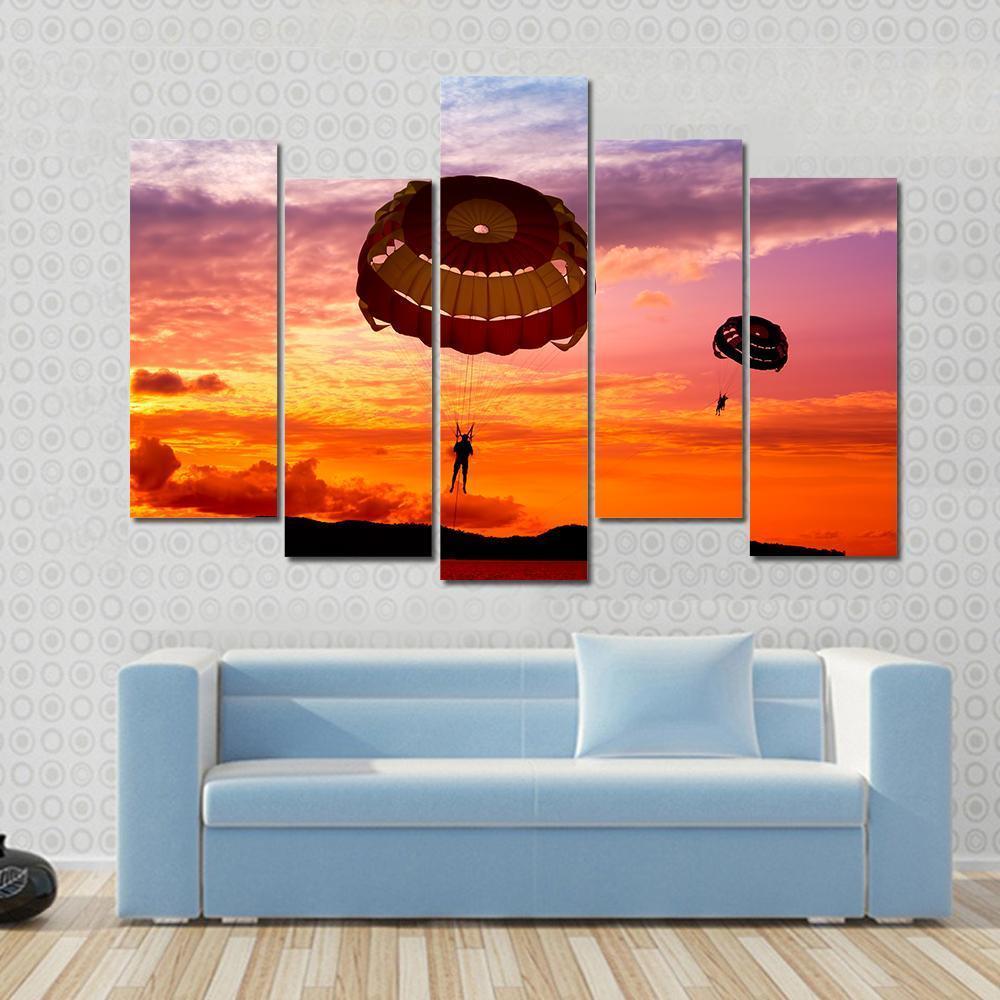 Silhouette Of A Para-Sailors At Sunset Canvas Wall Art-5 Pop-Gallery Wrap-47" x 32"-Tiaracle