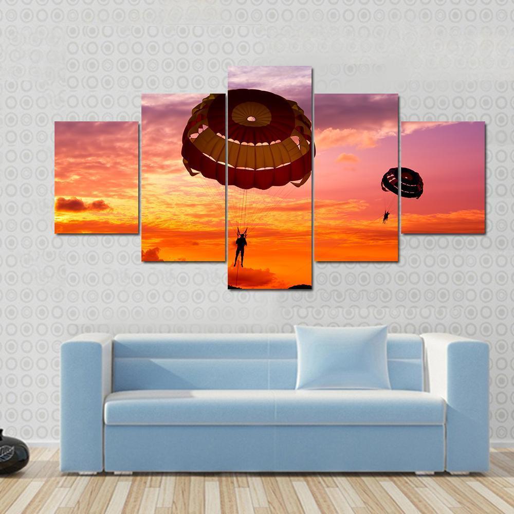 Silhouette Of A Para-Sailors At Sunset Canvas Wall Art-5 Star-Gallery Wrap-62" x 32"-Tiaracle