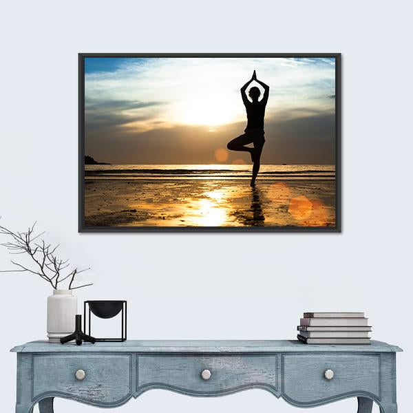 Silhouette Of A woman Practicing Yoga On The Beach At Sunset Canvas Wall Art-1 Piece-Floating Frame-24" x 16"-Tiaracle