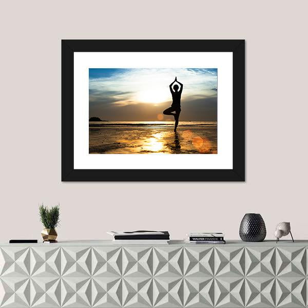 Silhouette Of A woman Practicing Yoga On The Beach At Sunset Canvas Wall Art-1 Piece-Framed Print-20" x 16"-Tiaracle