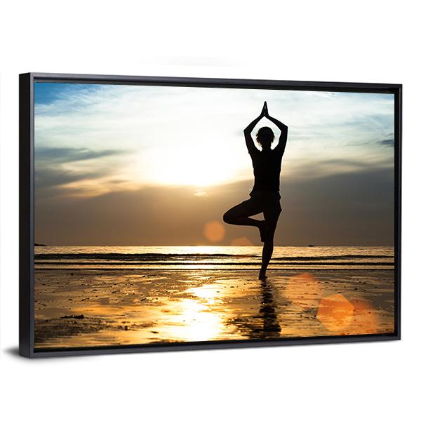 Silhouette Of A woman Practicing Yoga On The Beach At Sunset Canvas Wall Art-3 Horizontal-Gallery Wrap-25" x 16"-Tiaracle