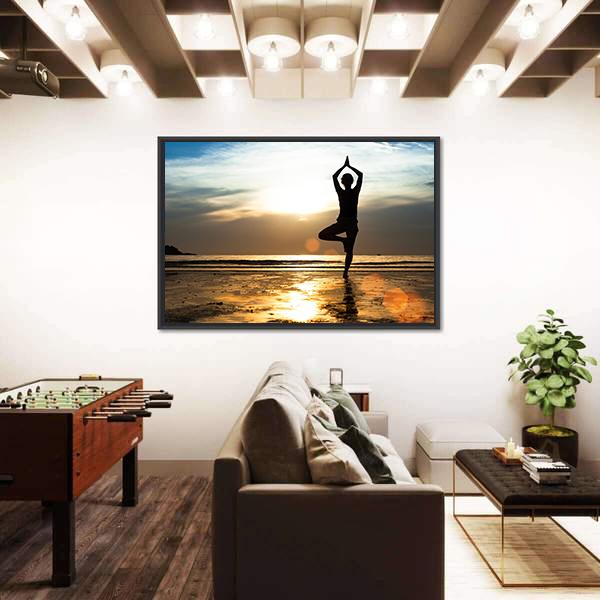 Silhouette Of A woman Practicing Yoga On The Beach At Sunset Canvas Wall Art-3 Horizontal-Gallery Wrap-25" x 16"-Tiaracle