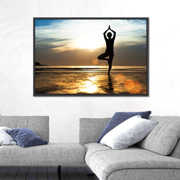 Silhouette Of A woman Practicing Yoga On The Beach At Sunset Canvas Wall Art-3 Horizontal-Gallery Wrap-25" x 16"-Tiaracle