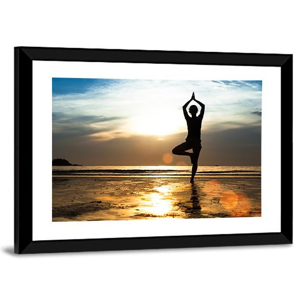 Silhouette Of A woman Practicing Yoga On The Beach At Sunset Canvas Wall Art-3 Horizontal-Gallery Wrap-25" x 16"-Tiaracle