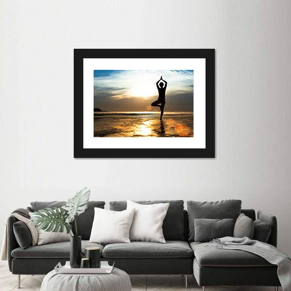 Silhouette Of A woman Practicing Yoga On The Beach At Sunset Canvas Wall Art-3 Horizontal-Gallery Wrap-25" x 16"-Tiaracle