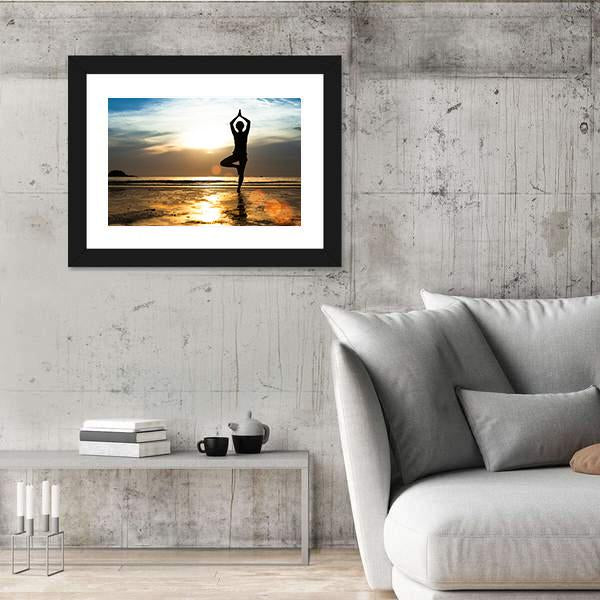 Silhouette Of A woman Practicing Yoga On The Beach At Sunset Canvas Wall Art-3 Horizontal-Gallery Wrap-25" x 16"-Tiaracle