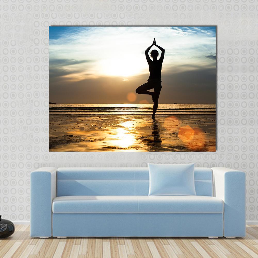 Silhouette Of A woman Practicing Yoga On The Beach At Sunset Canvas Wall Art-1 Piece-Gallery Wrap-48" x 32"-Tiaracle