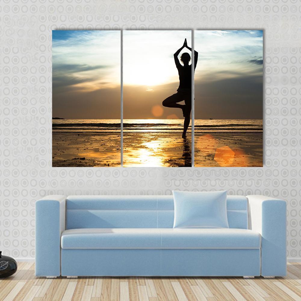 Silhouette Of A woman Practicing Yoga On The Beach At Sunset Canvas Wall Art-3 Horizontal-Gallery Wrap-37" x 24"-Tiaracle