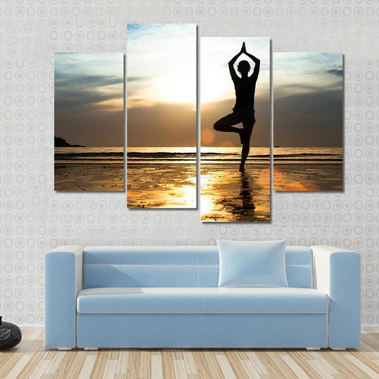 Silhouette Of A woman Practicing Yoga On The Beach At Sunset Canvas Wall Art-4 Pop-Gallery Wrap-50" x 32"-Tiaracle