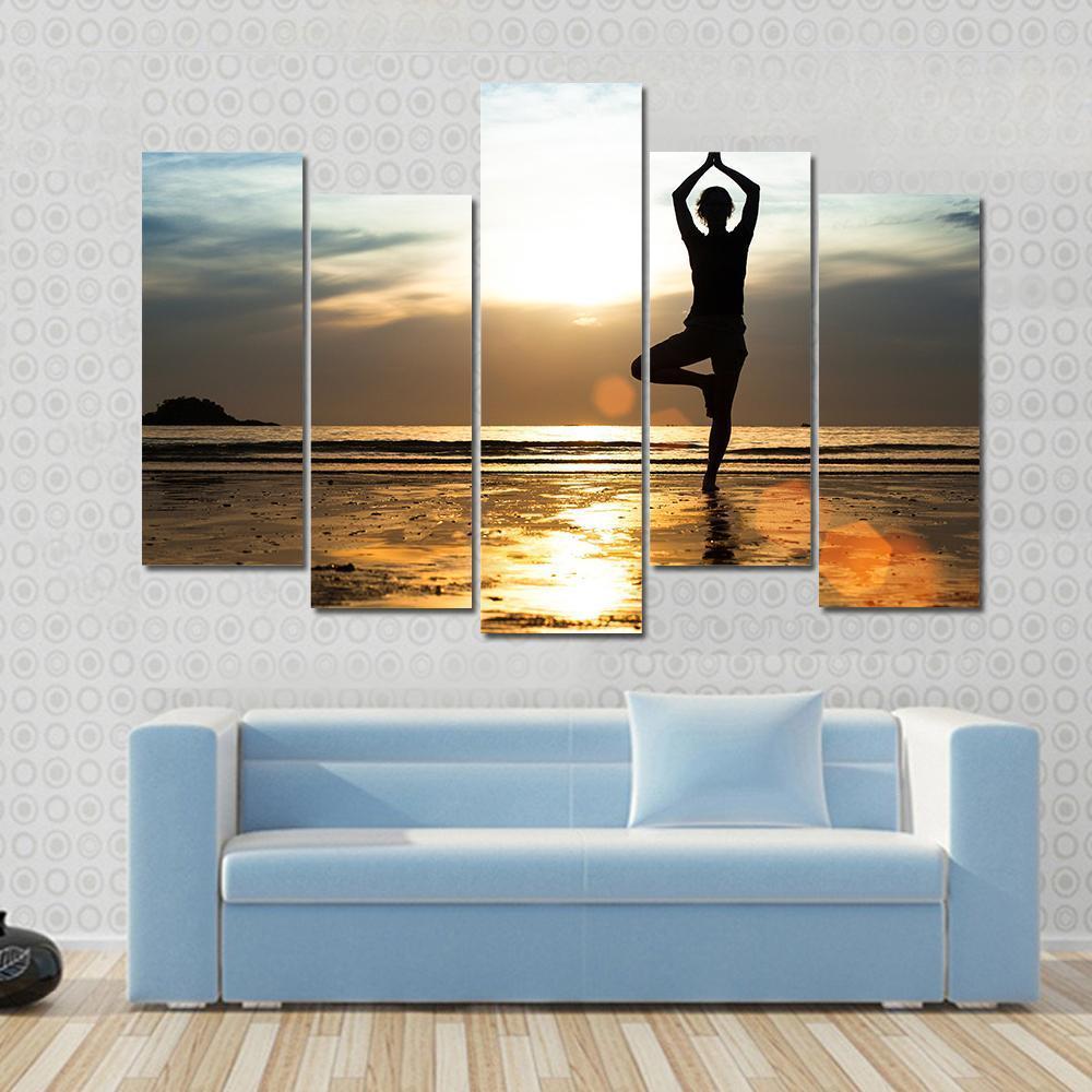 Silhouette Of A woman Practicing Yoga On The Beach At Sunset Canvas Wall Art-5 Pop-Gallery Wrap-47" x 32"-Tiaracle